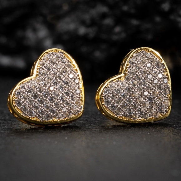 Womens Heart Large Yellow Gold 925 Sterling Silver Micro Pave Iced Stud Earrings - Picture 3 of 5